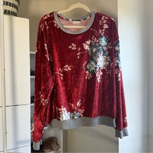 Crescent Drive Red and Gray Velvet Floral Long Sleeve Blouse Sweater Size XL